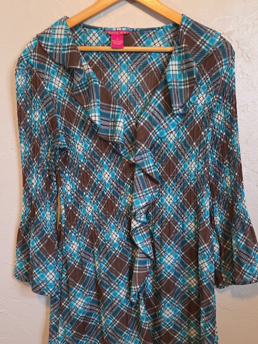 Boho Teal Brown Plaid Ruffle Tunic Dress Medium Lightweight